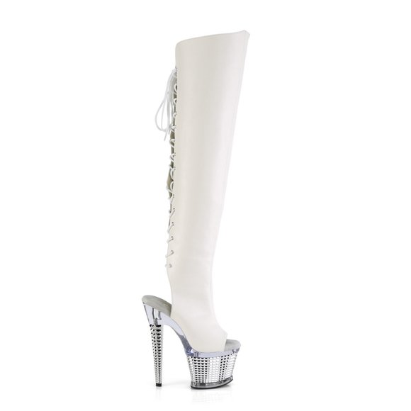 Pleaser Spectator 3019 White Thigh High Boots With Chrome Platform High Heel - Picture 2 of 4